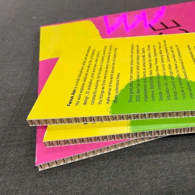 Close-up of printed honeycomb board showing its lightweight core structure. Made from recyclable materials, honeycomb boards offer a sustainable alternative for short term signage and display use.
