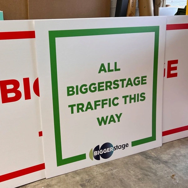 Printed corriboard sign used for event directional and wayfinding signage. Corriboard is a cost effective solution for temporary outdoor signage, crowd control and short term event use.